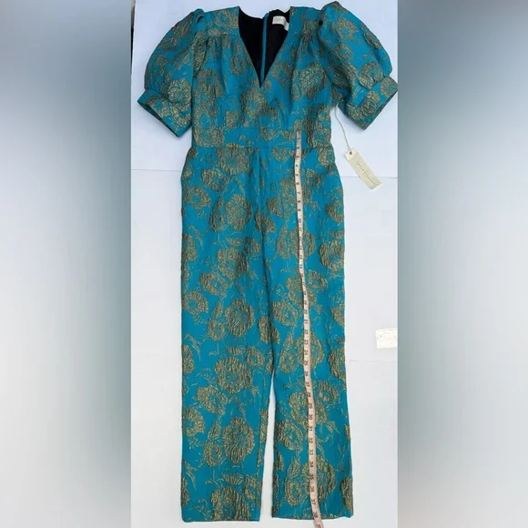 NWT Happy x Nature by Kate Hudson Teal & Gold Brocade Puff Sleeve Jumpsuit - Picture 14 of 15
